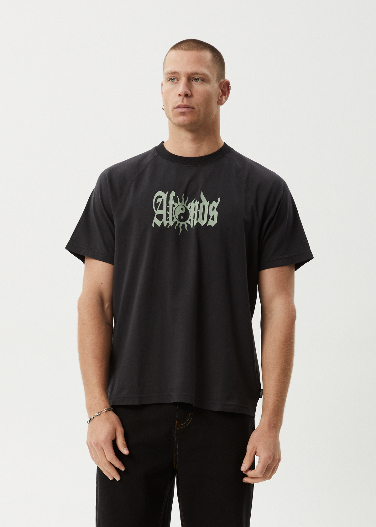 AFENDS Mens Sun Bite - Raglan Boxy Tee - Stone Black