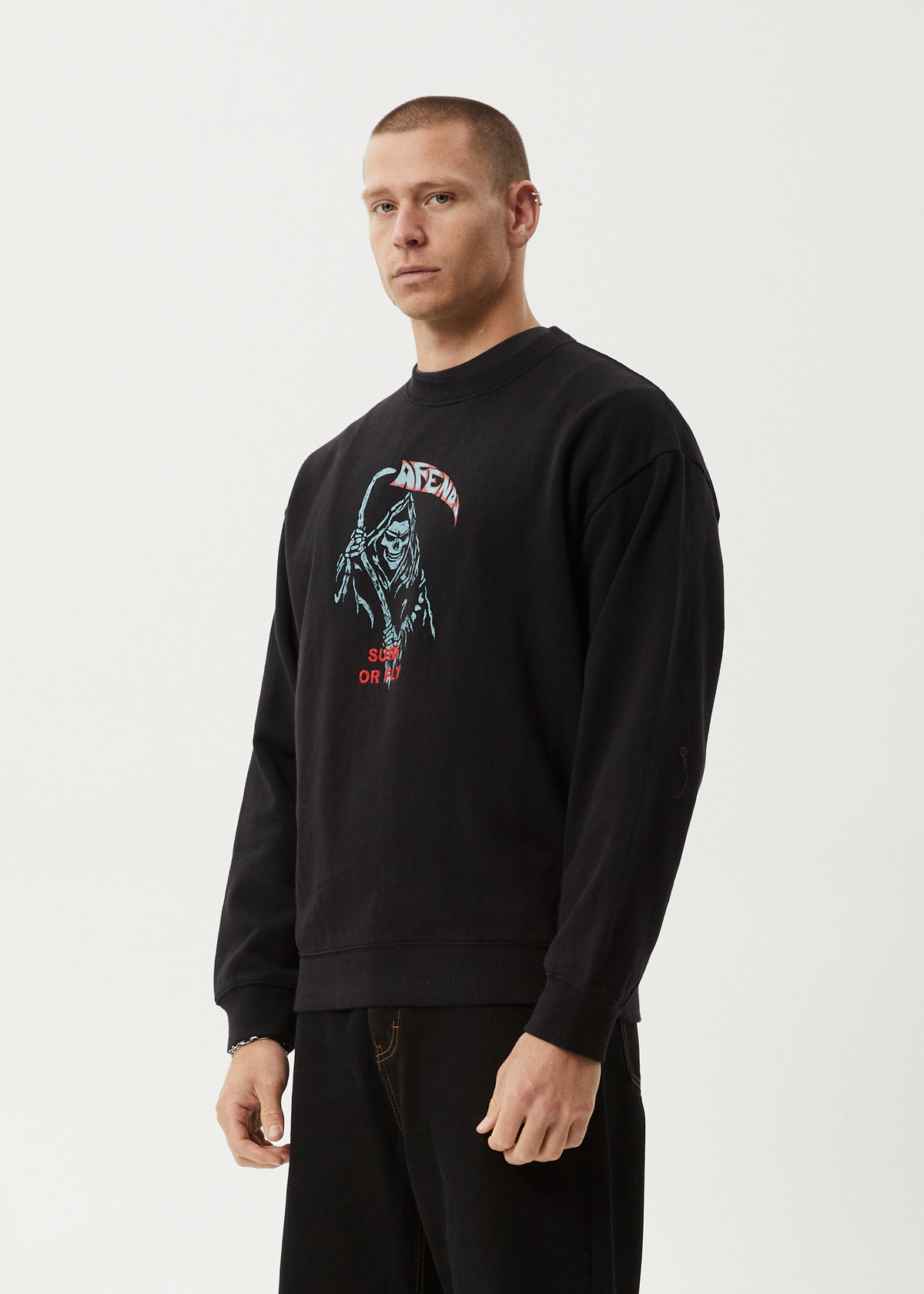 AFENDS Mens Surf Or Fly - Crew Neck Jumper - Black