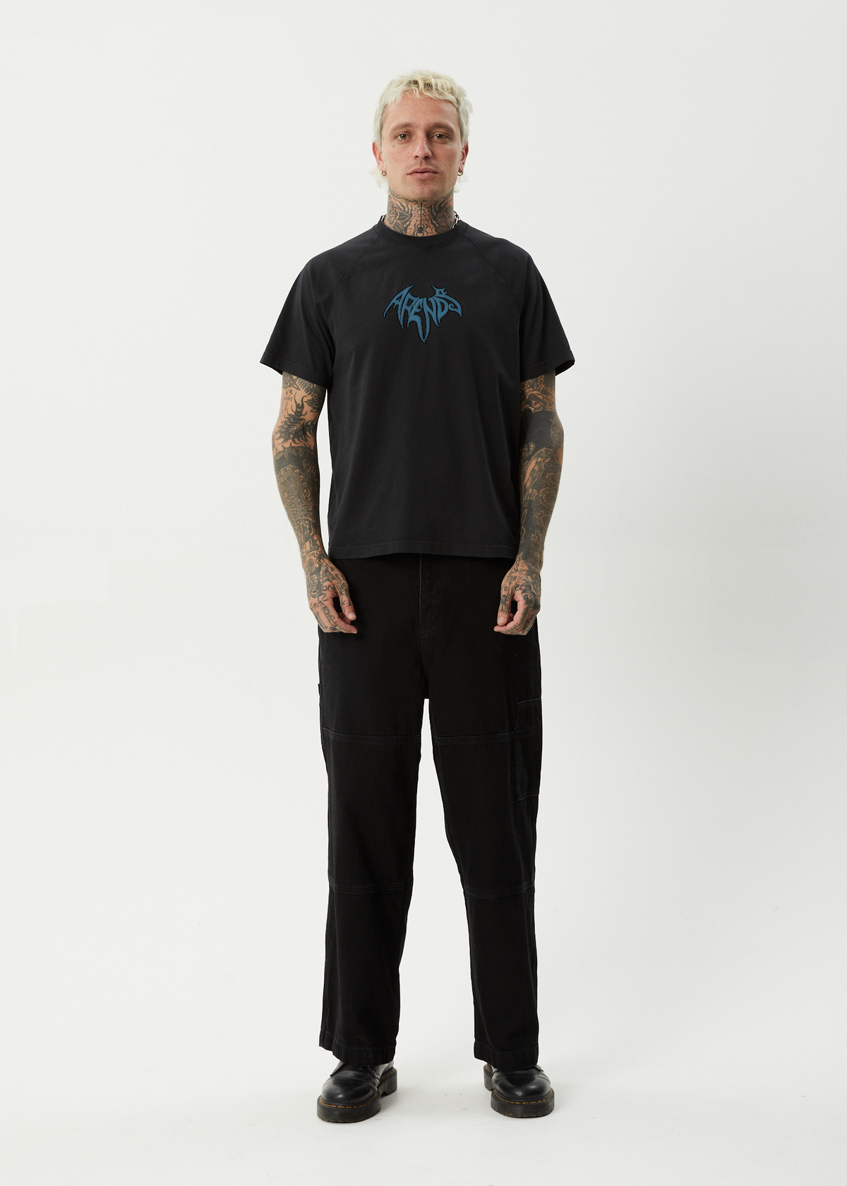 AFENDS Mens Bats - Raglan Boxy Tee - Stone Black