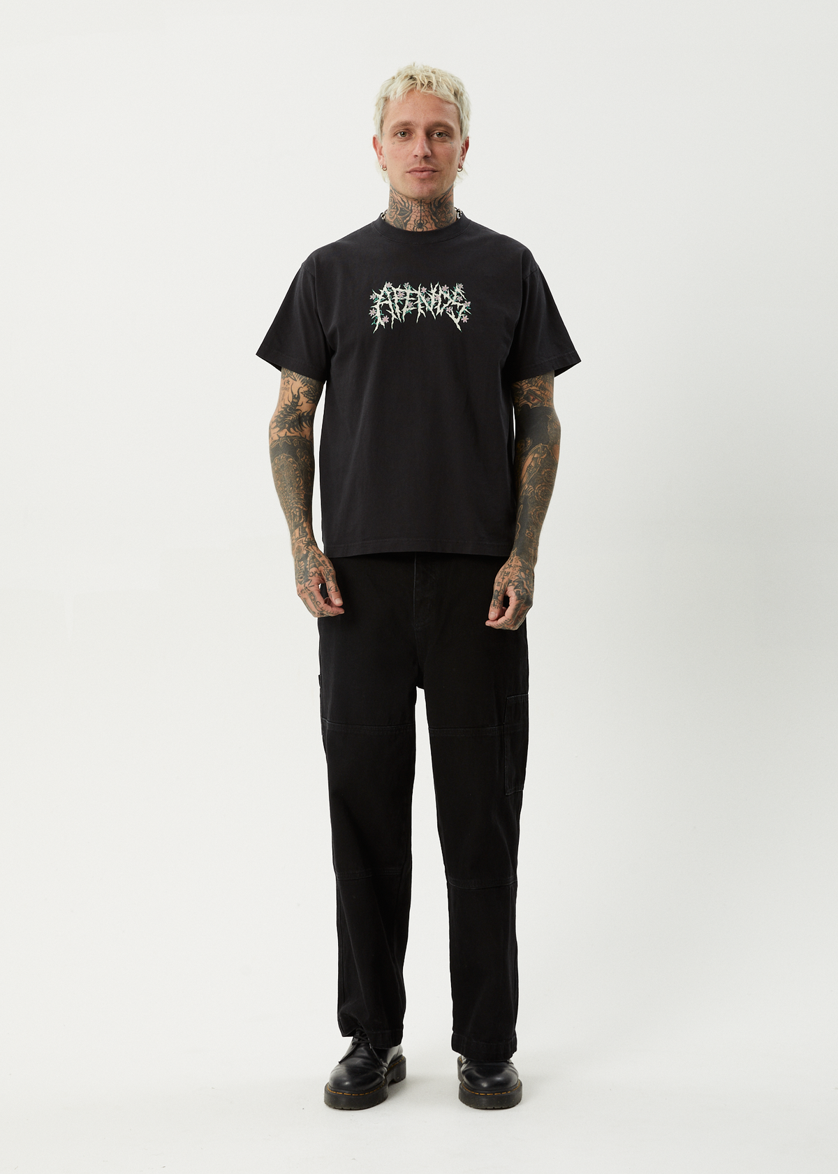 AFENDS Mens Heavy Petal - Heavyweight Boxy Tee - Stone Black