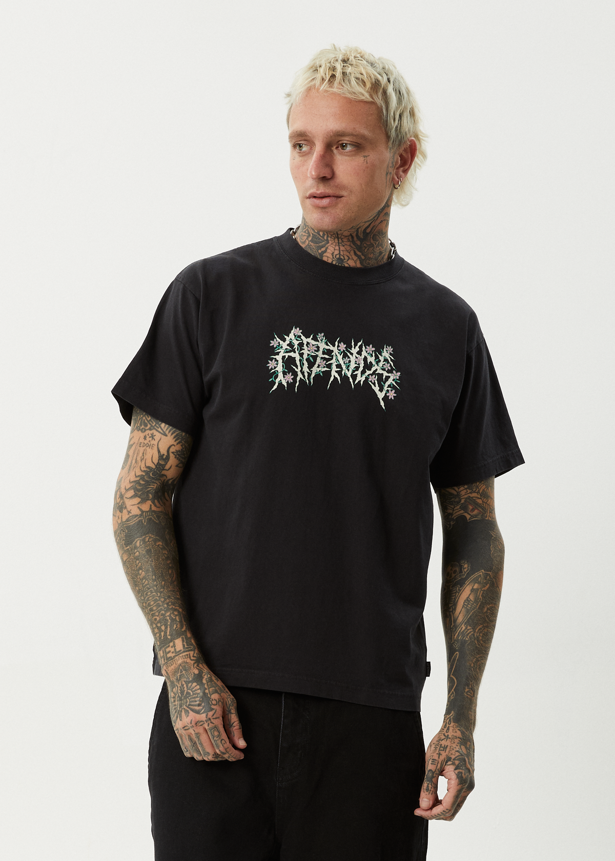 AFENDS Mens Heavy Petal - Heavyweight Boxy Tee - Stone Black