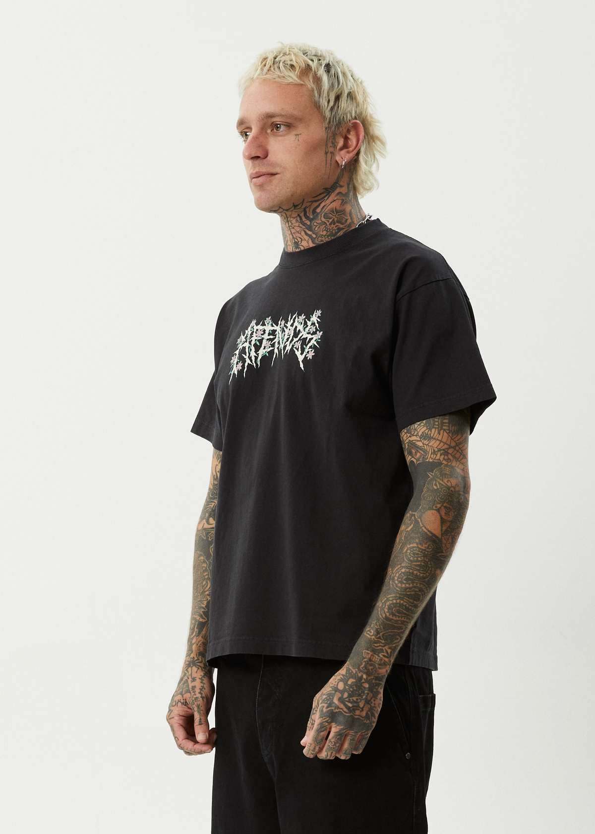 AFENDS Mens Heavy Petal - Heavyweight Boxy Tee - Stone Black