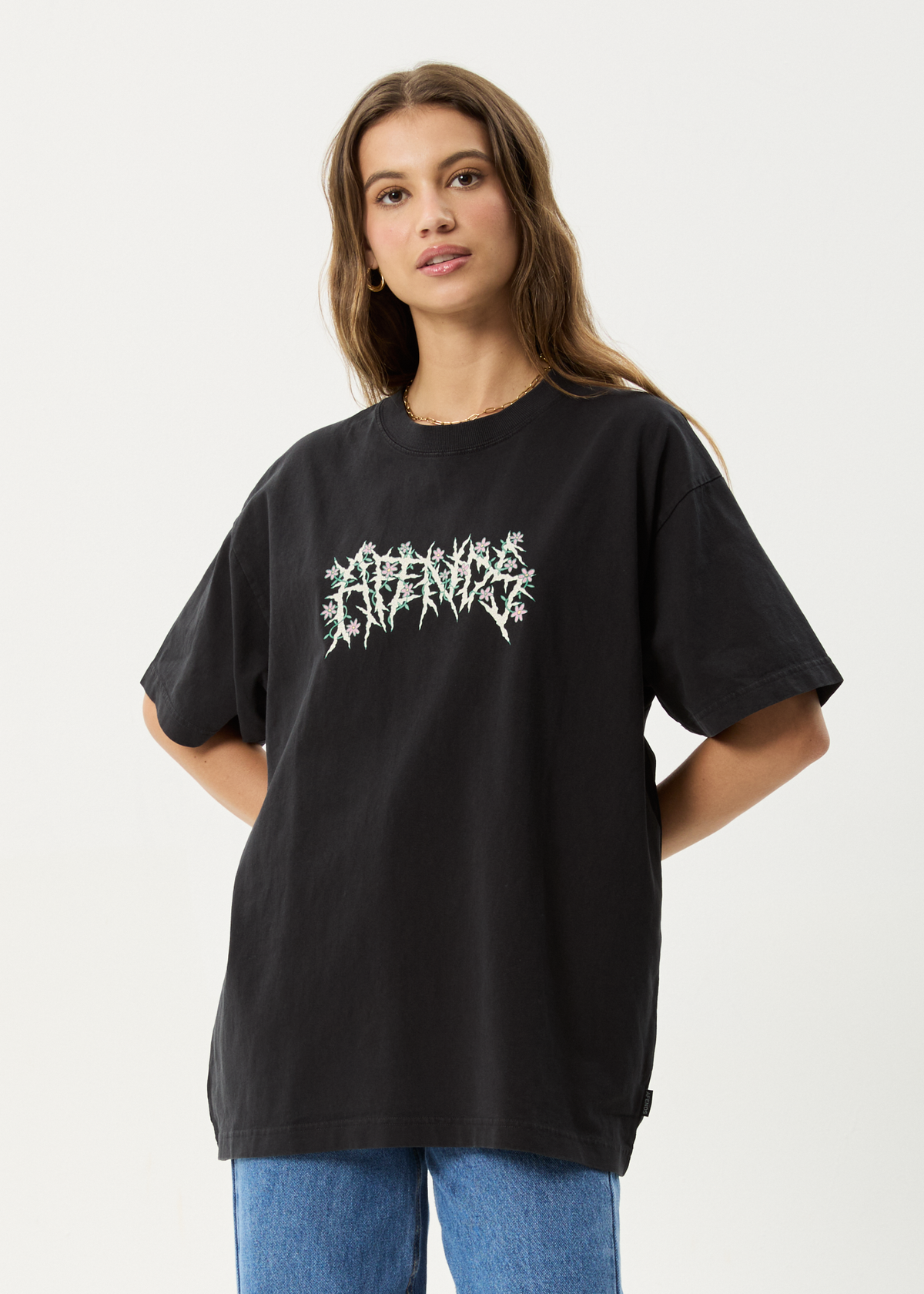 AFENDS Mens Heavy Petal - Heavyweight Boxy Tee - Stone Black