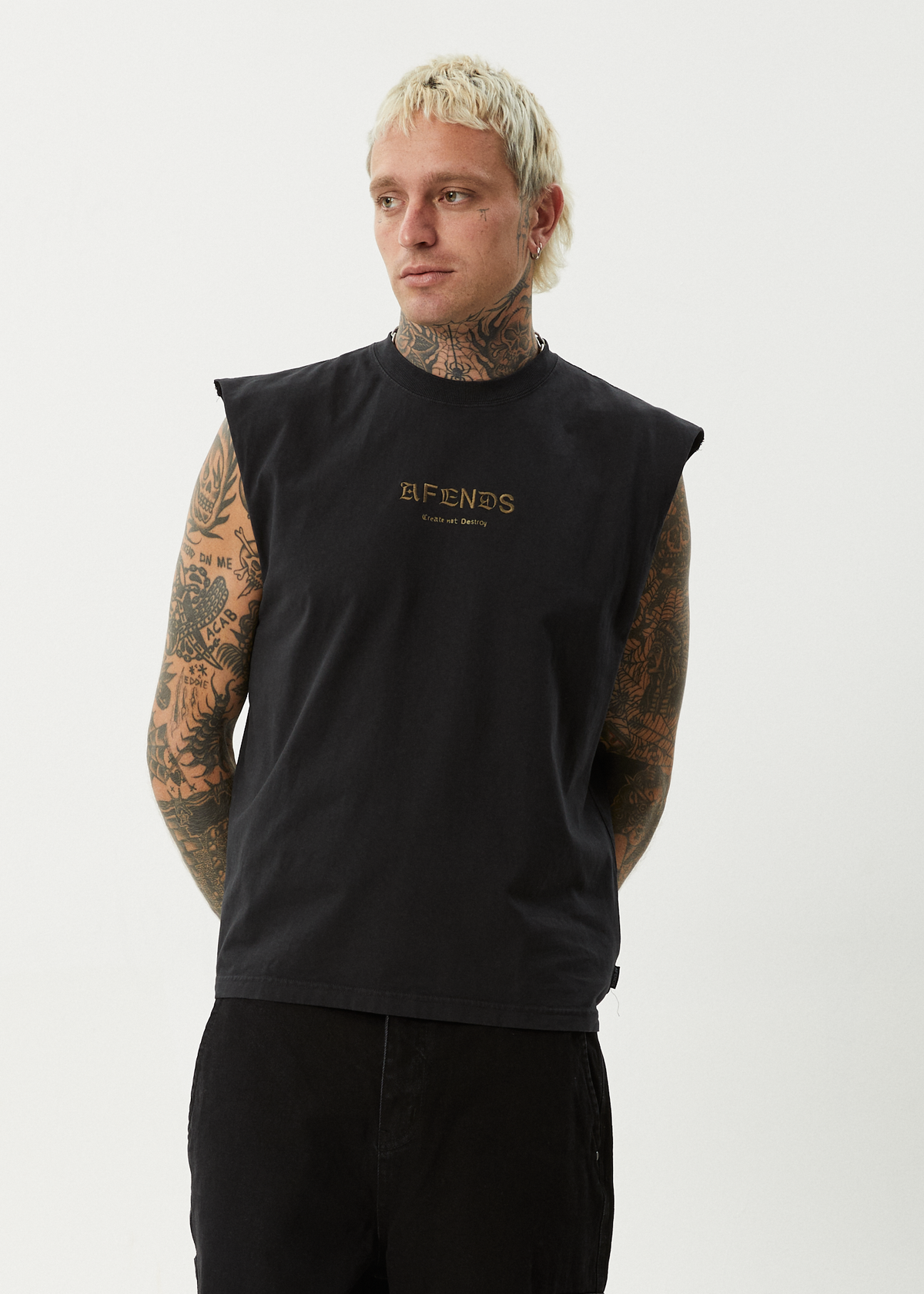 AFENDS Mens Mix Up - Sleeveless Tee - Stone Black