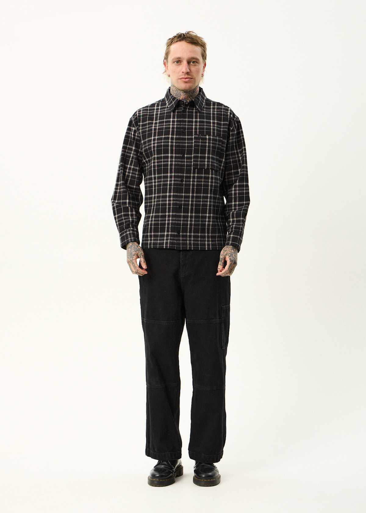AFENDS Mens Nights - Flannel Long Sleeve Shirt - Black Check