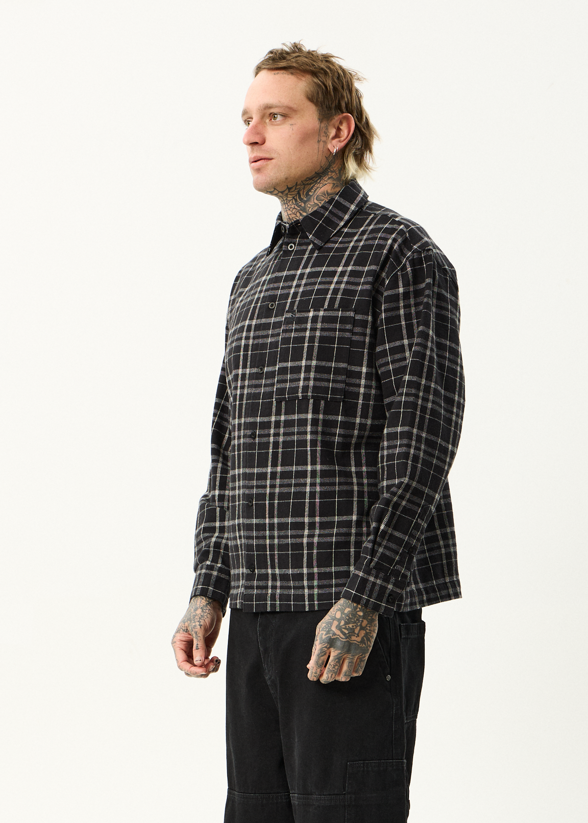 AFENDS Mens Nights - Flannel Long Sleeve Shirt - Black Check