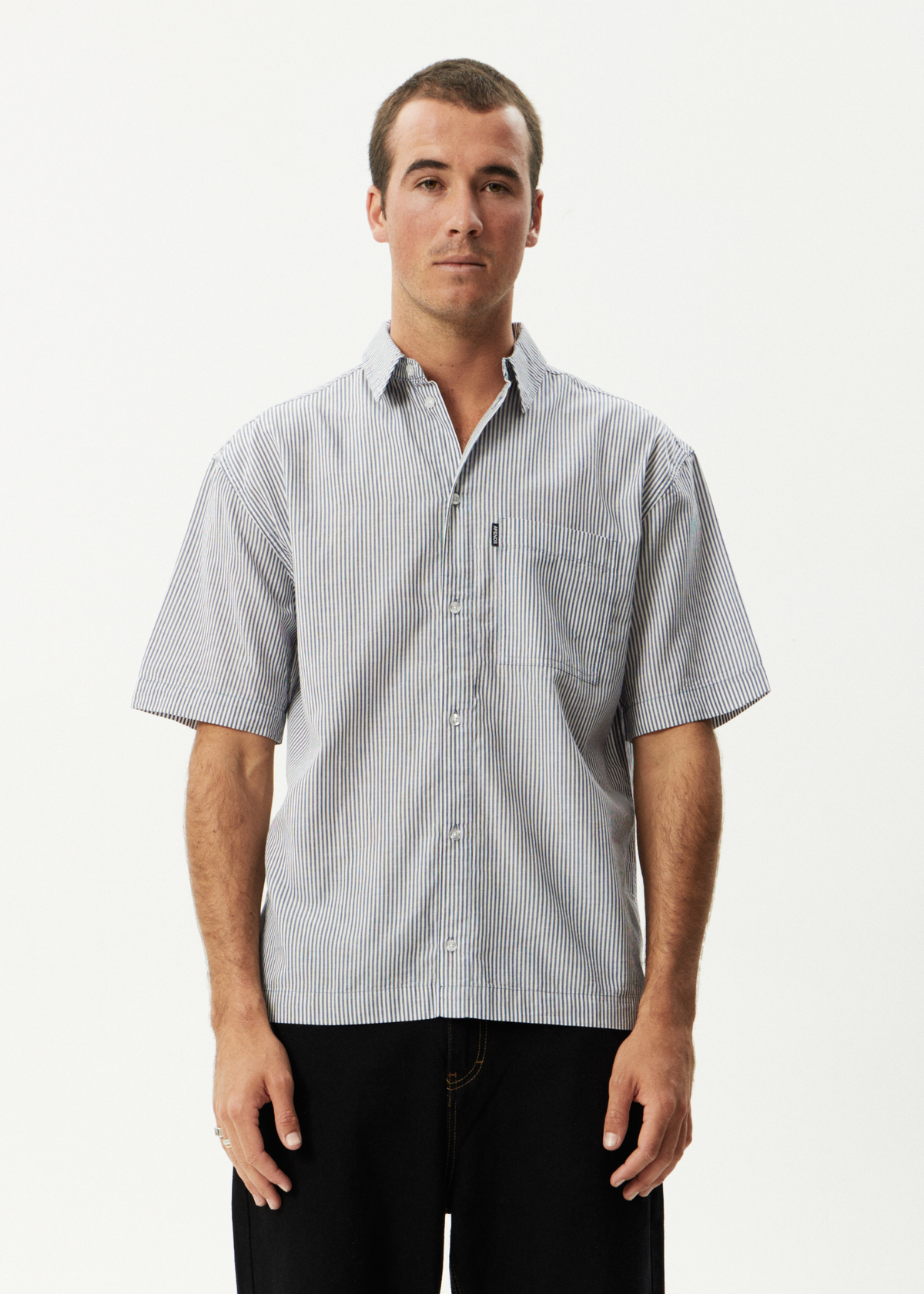 AFENDS Mens Intergalactic - Short Sleeve Shirt - Navy Stripe
