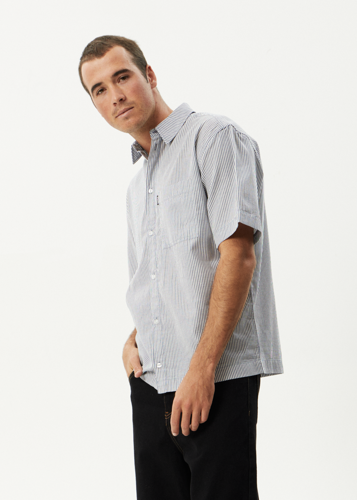AFENDS Mens Intergalactic - Short Sleeve Shirt - Navy Stripe