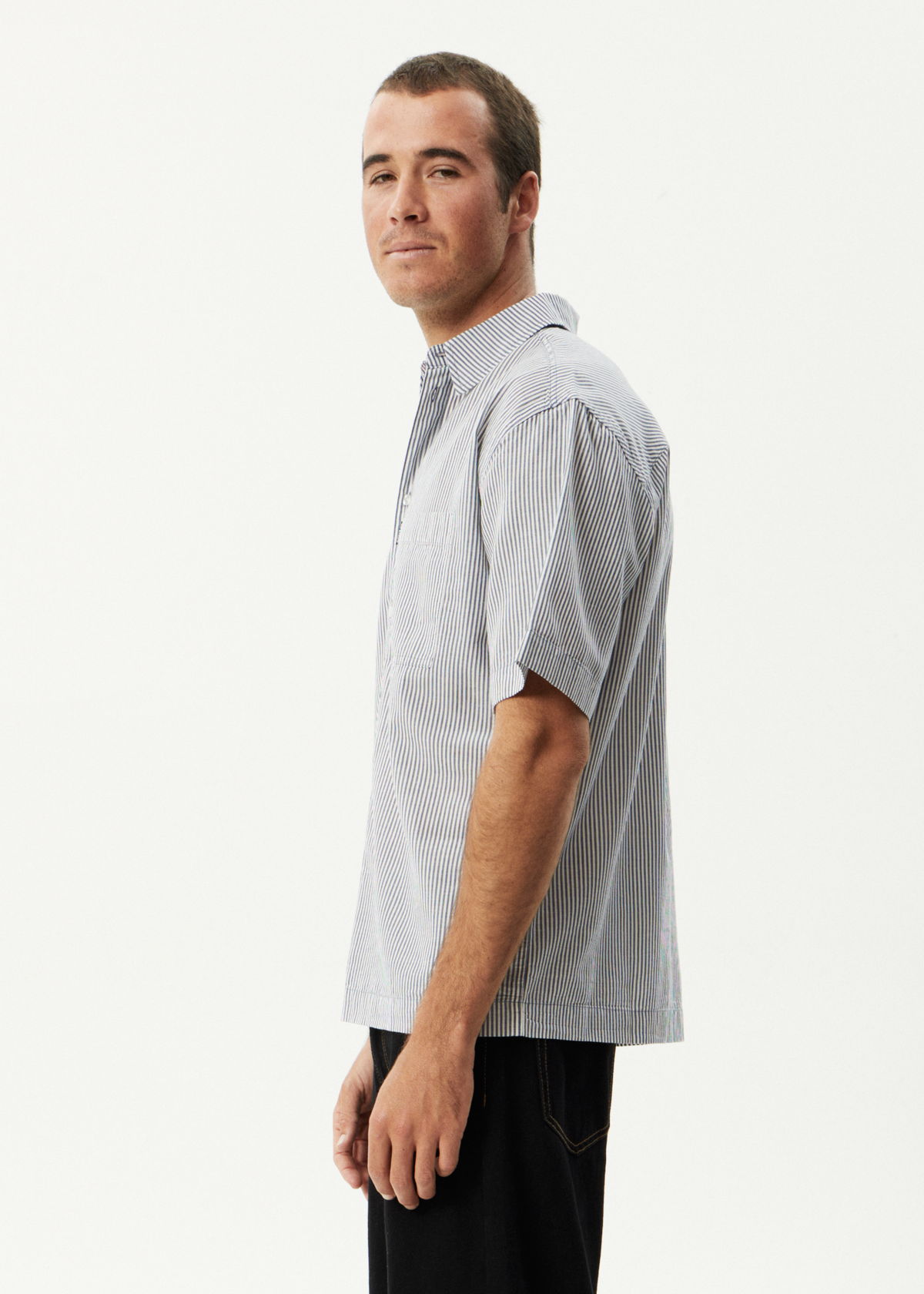 AFENDS Mens Intergalactic - Short Sleeve Shirt - Navy Stripe