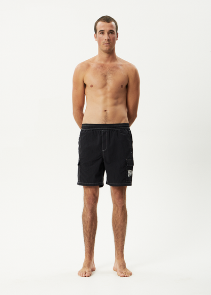 AFENDS Mens Heavy Petal - Cargo Baywatch Swim Short 18" - Black