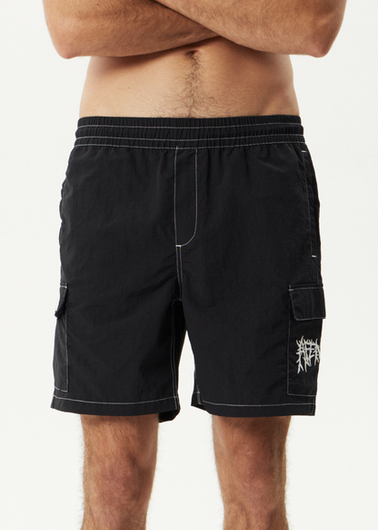 AFENDS Mens Heavy Petal - Cargo Baywatch Swim Short 18" - Black
