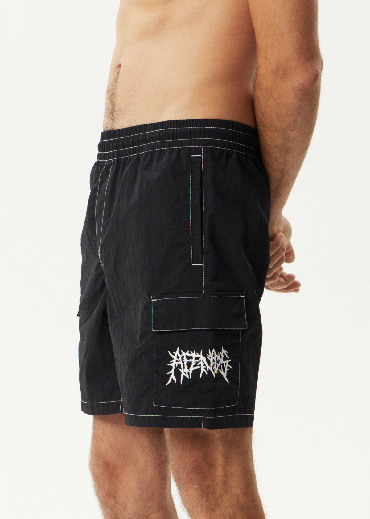 AFENDS Mens Heavy Petal - Cargo Baywatch Swim Short 18" - Black