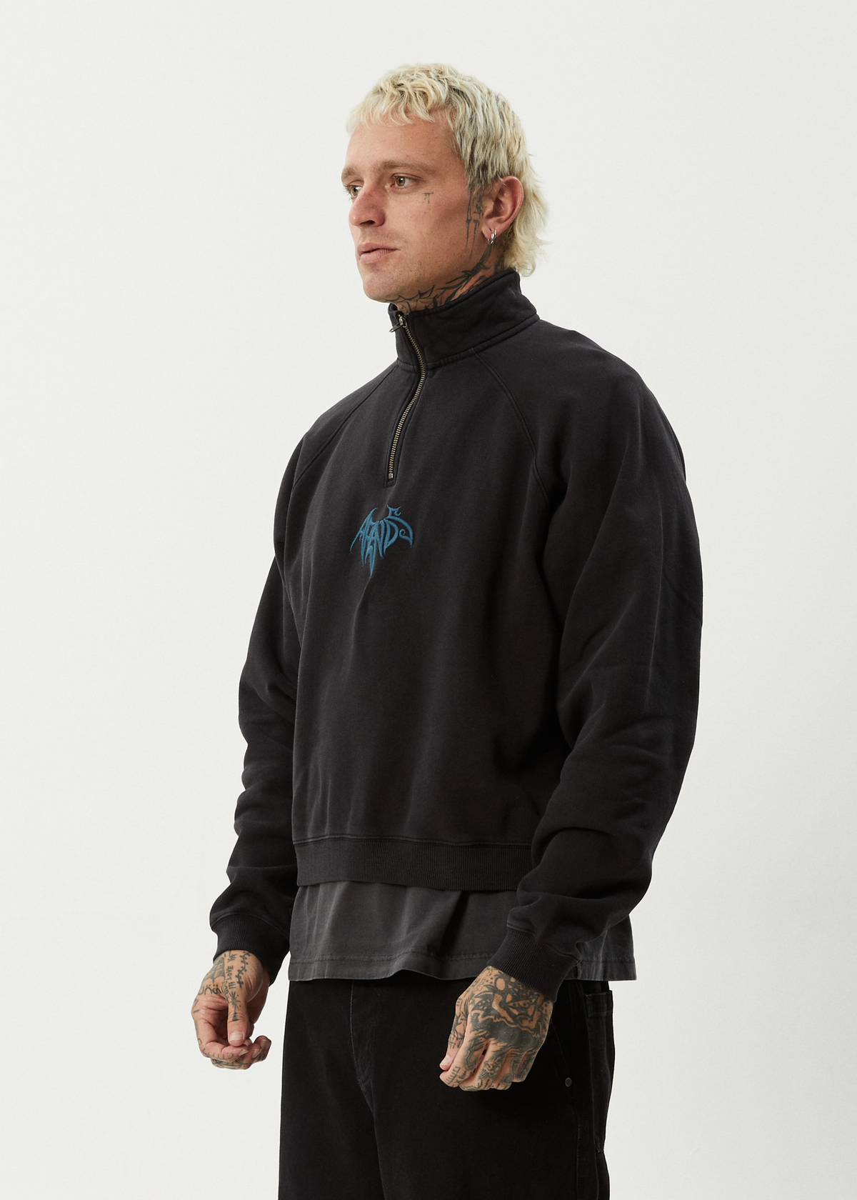 AFENDS Mens Bats - Raglan Quarter Zip Crew - Stone Black