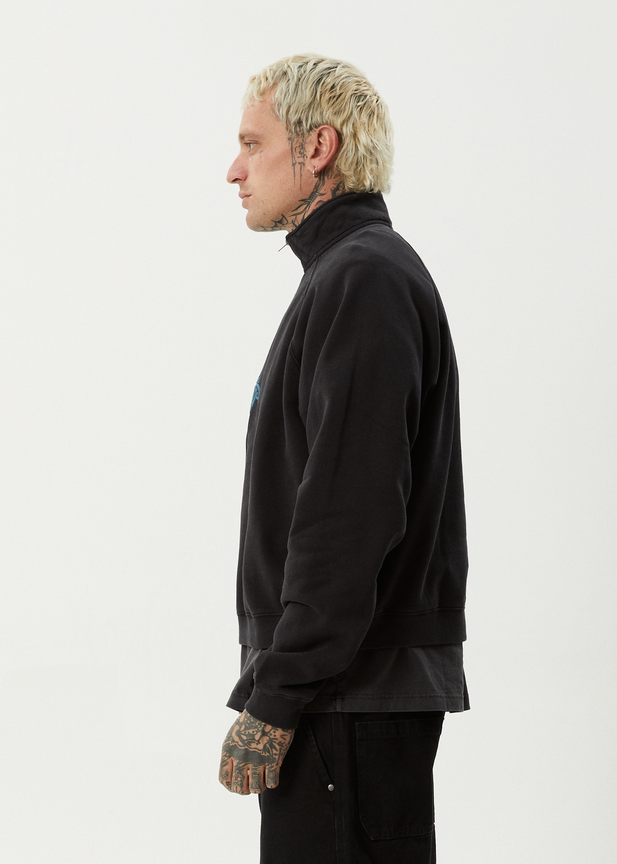 AFENDS Mens Bats - Raglan Quarter Zip Crew - Stone Black