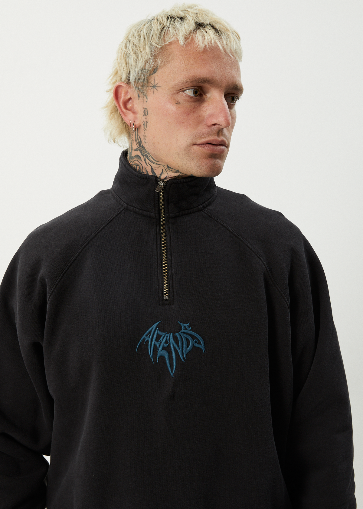 AFENDS Mens Bats - Raglan Quarter Zip Crew - Stone Black