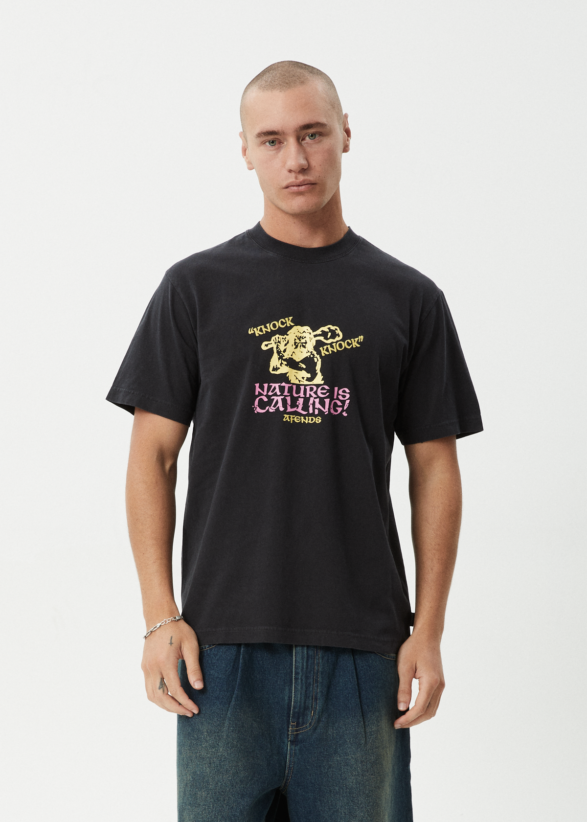 AFENDS Mens Knock Knock - Retro Tee - Stone Black