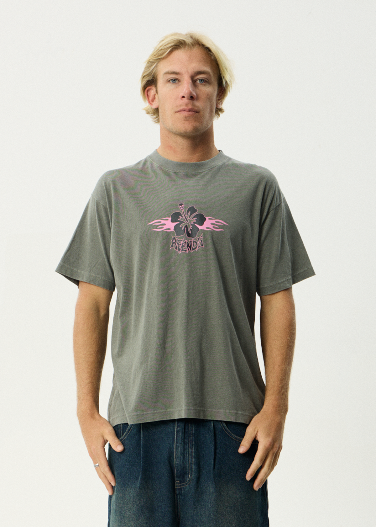 AFENDS Mens Wiped Out - Boxy Tee - Washed Sycamore