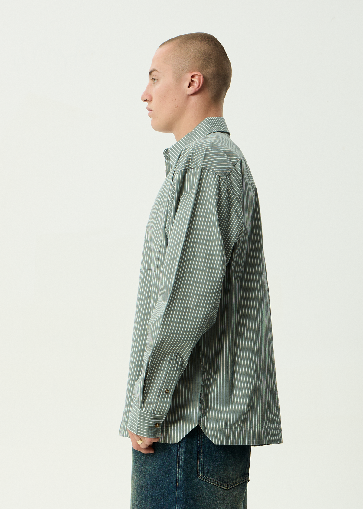 AFENDS Mens Pinned - Oversized Striped Long Sleeve Shirt - Sycamore Stripe