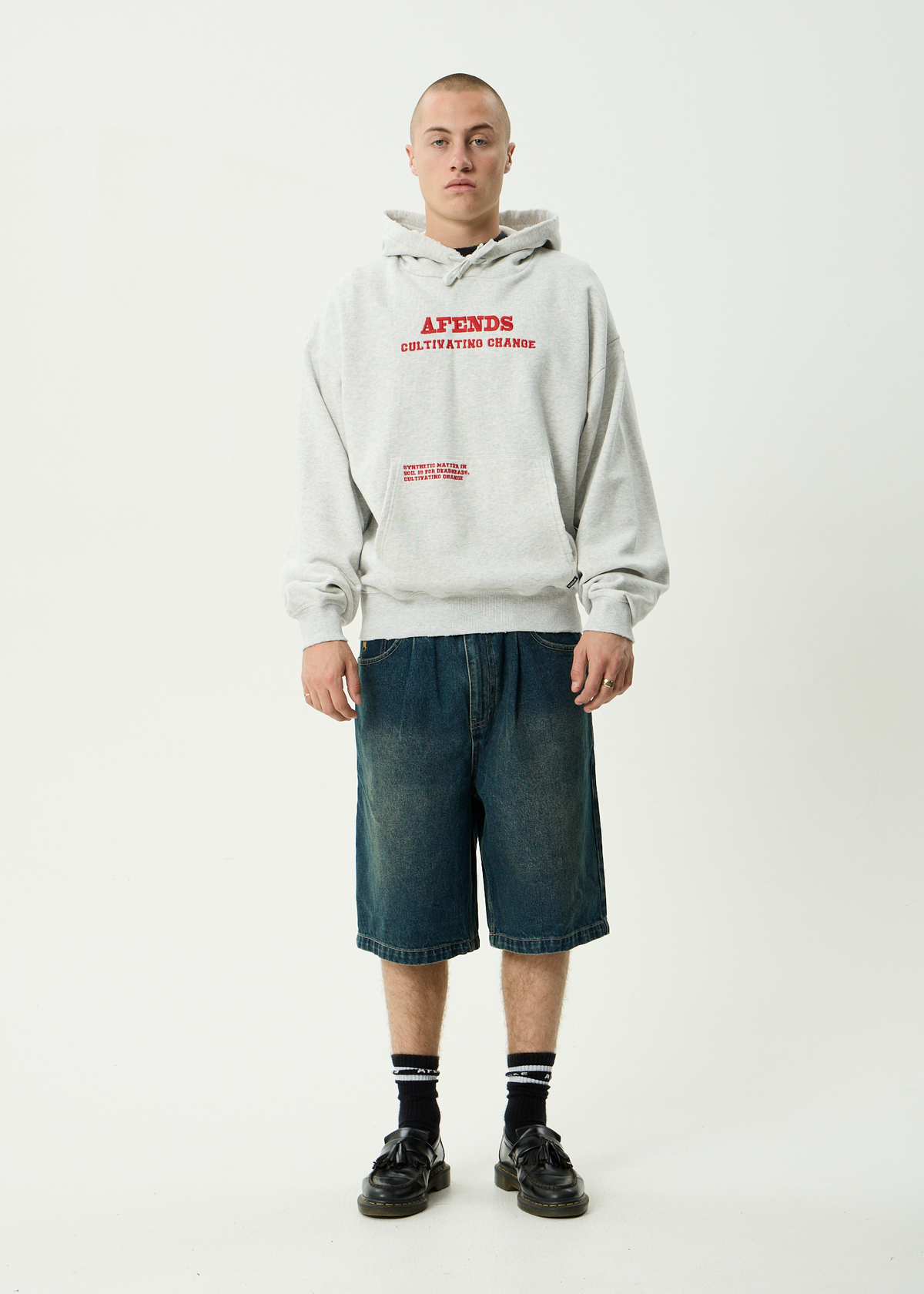 AFENDS Mens Wonders - Boxy Pull On Hood - Grey Marle