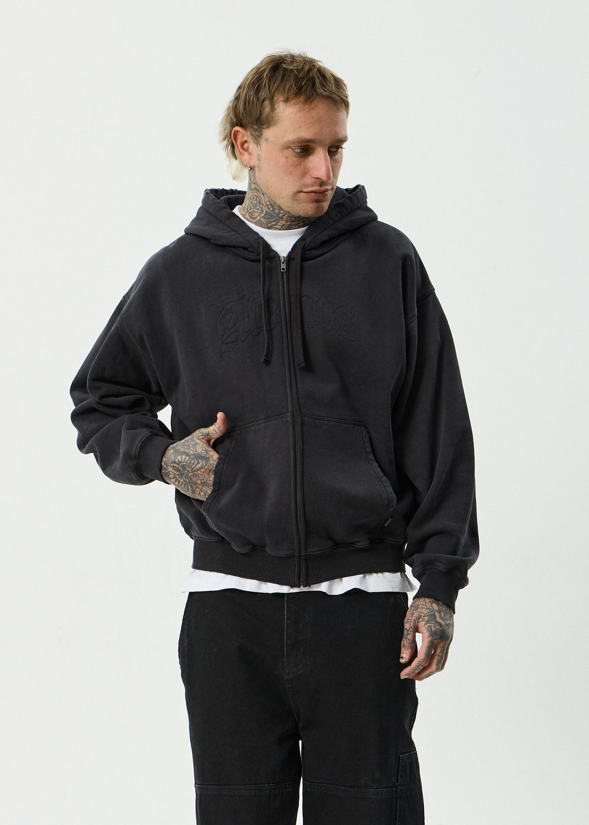 AFENDS Mens Residence - Heavyweight Boxy Zip Hood - Stone Black