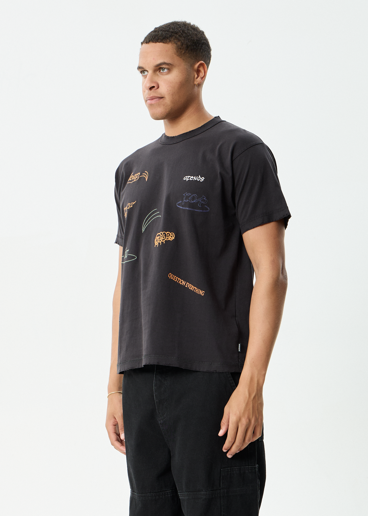 AFENDS Mens Leap - Heavyweight Boxy Tee - Stone Black