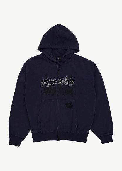 AFENDS Mens Pent-A-Gone - Boxy Zip Hood - Washed Deep Sea