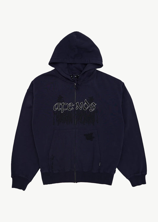 AFENDS Mens Pent-A-Gone - Boxy Zip Hood - Washed Deep Sea