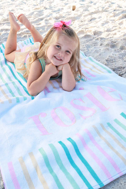 Personalized Kids Beach Towel | Multicolor Seersucker Pink
