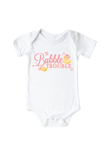 Bubble Trouble Pink Graphic Bodysuit & Kids Tee | White