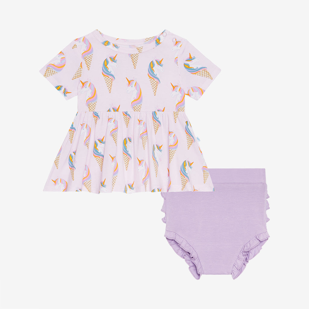 Unicorn Ice Cream Peplum Ruffled Bummie Set