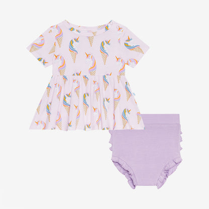 Unicorn Ice Cream Peplum Ruffled Bummie Set