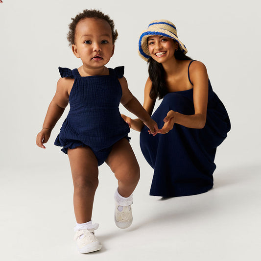 Varsity Navy Cotton Crinkle Ruffled Romper
