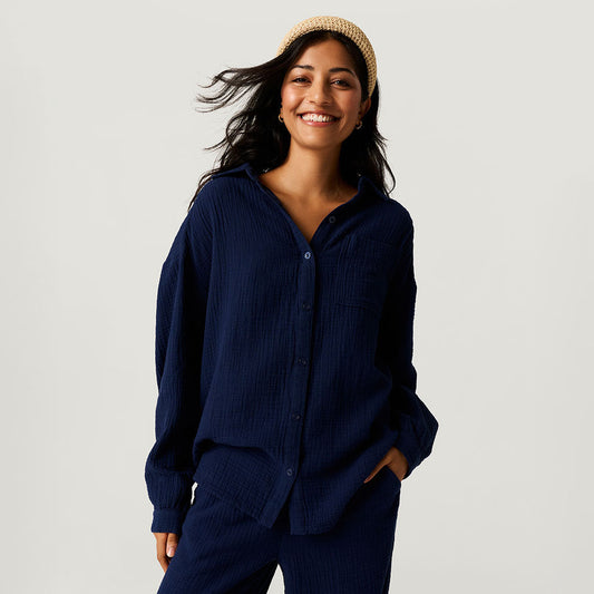 Varsity Navy Women's Oversized Cotton Crinkle Shirt