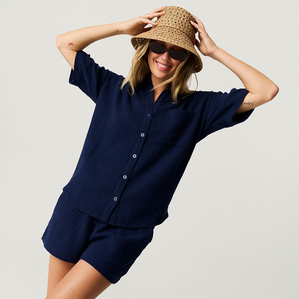 Varsity Navy Women's Cotton Crinkle Short Set