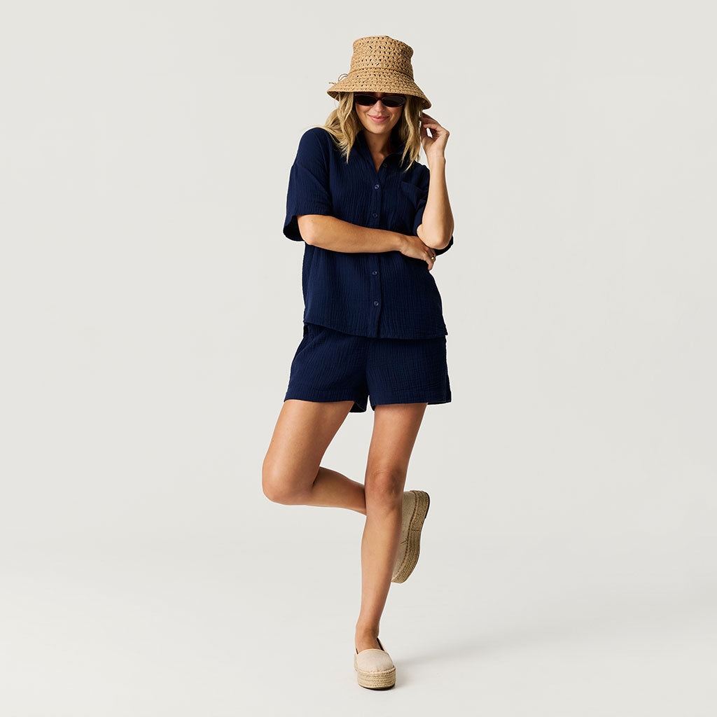 Varsity Navy Women's Cotton Crinkle Short Set