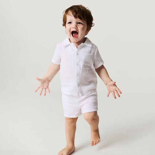White Cotton Crinkle Button Down Short Set