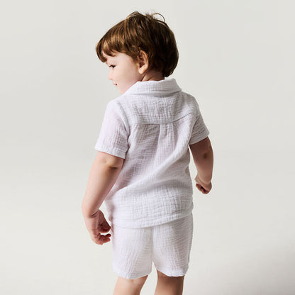 White Cotton Crinkle Button Down Short Set