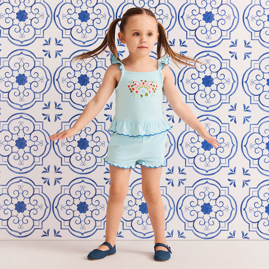 Blue Chiaro French Terry Scalloped Tank Short Set