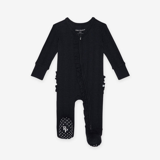 Black Pointelle Footie Ruffled Zippered One Piece