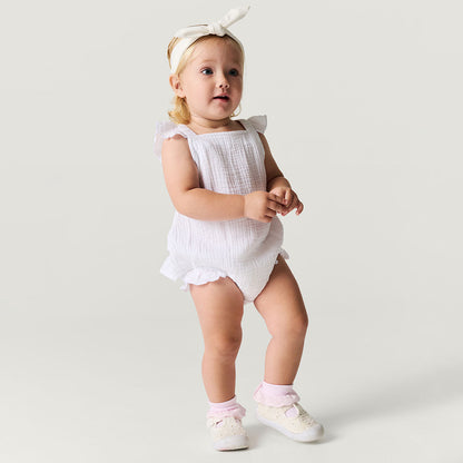 White Cotton Crinkle Ruffled Romper