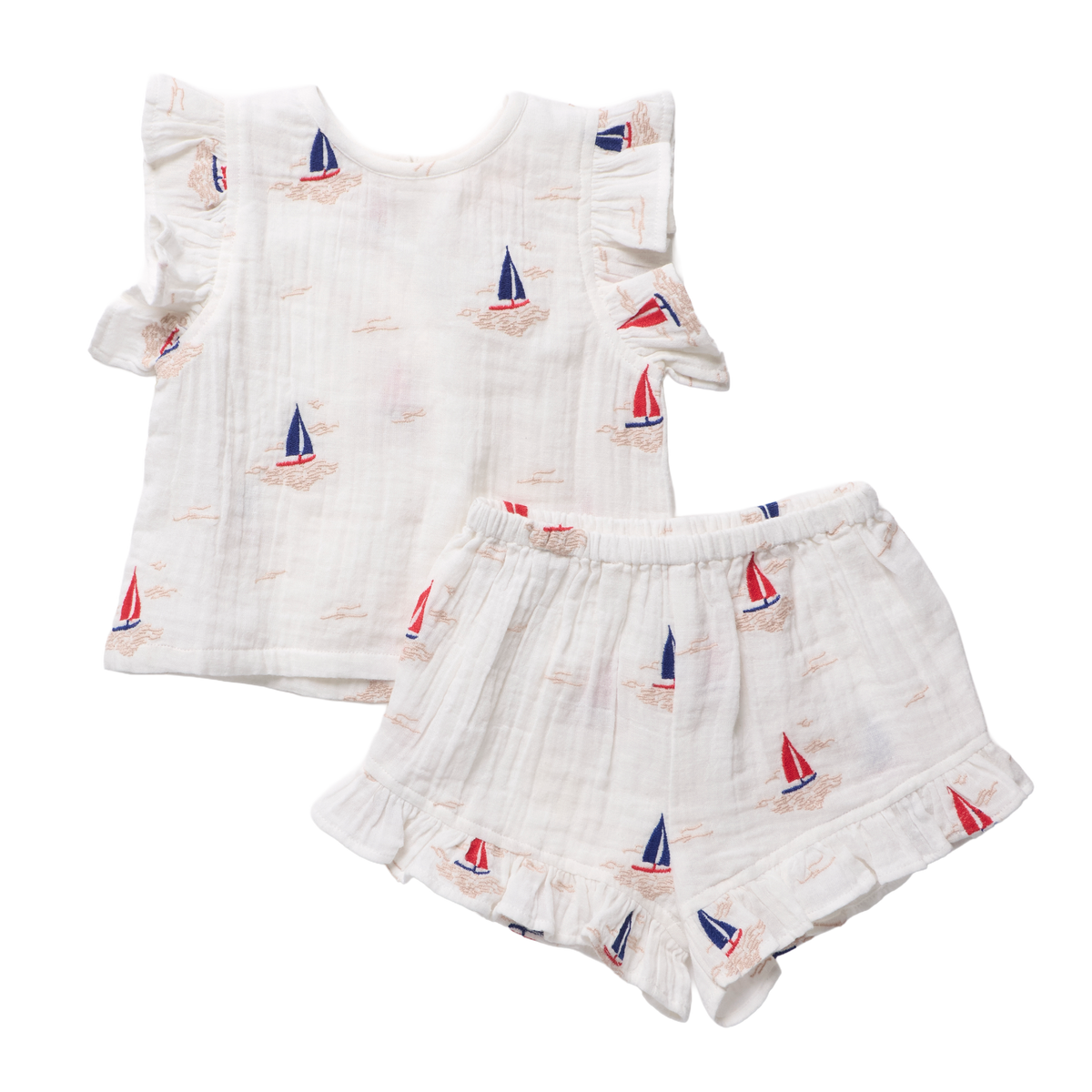 Girls Roey 2-PC Set - Sailboat Embroidery