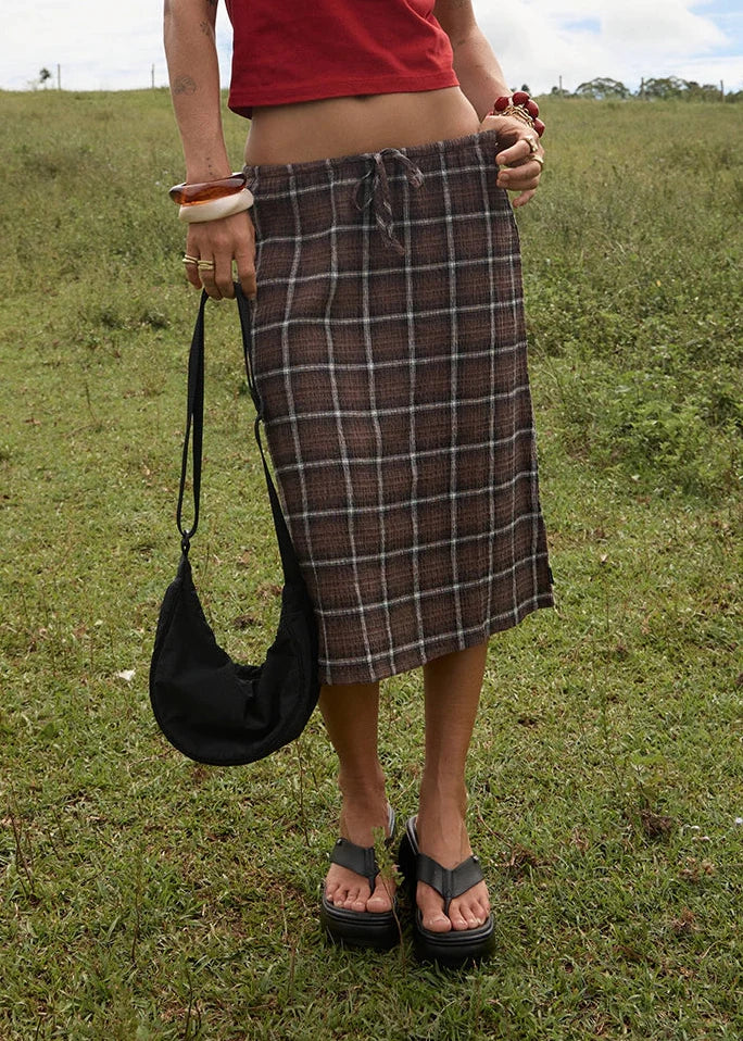 AFENDS Womens Reverie - Seersucker Midi Skirt - Coffee Check