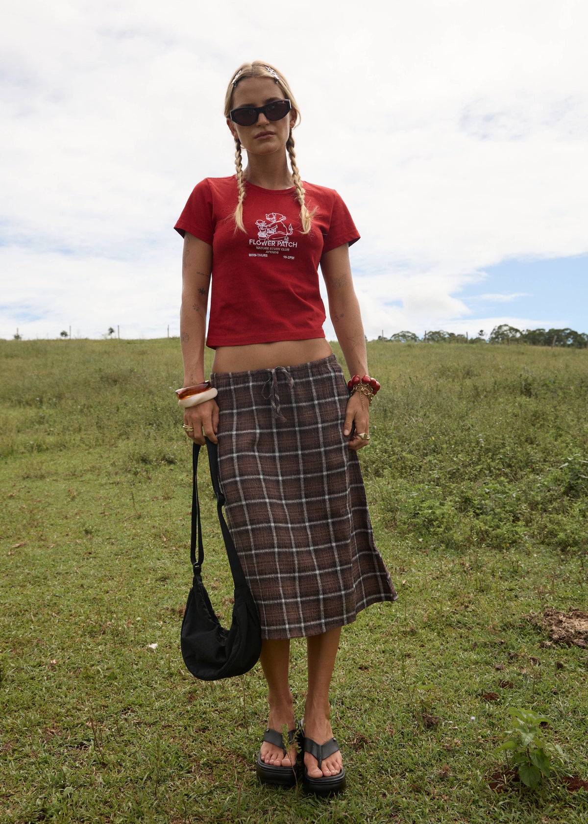 AFENDS Womens Reverie - Seersucker Midi Skirt - Coffee Check