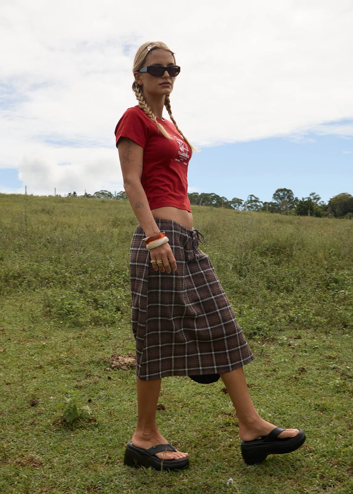 AFENDS Womens Reverie - Seersucker Midi Skirt - Coffee Check