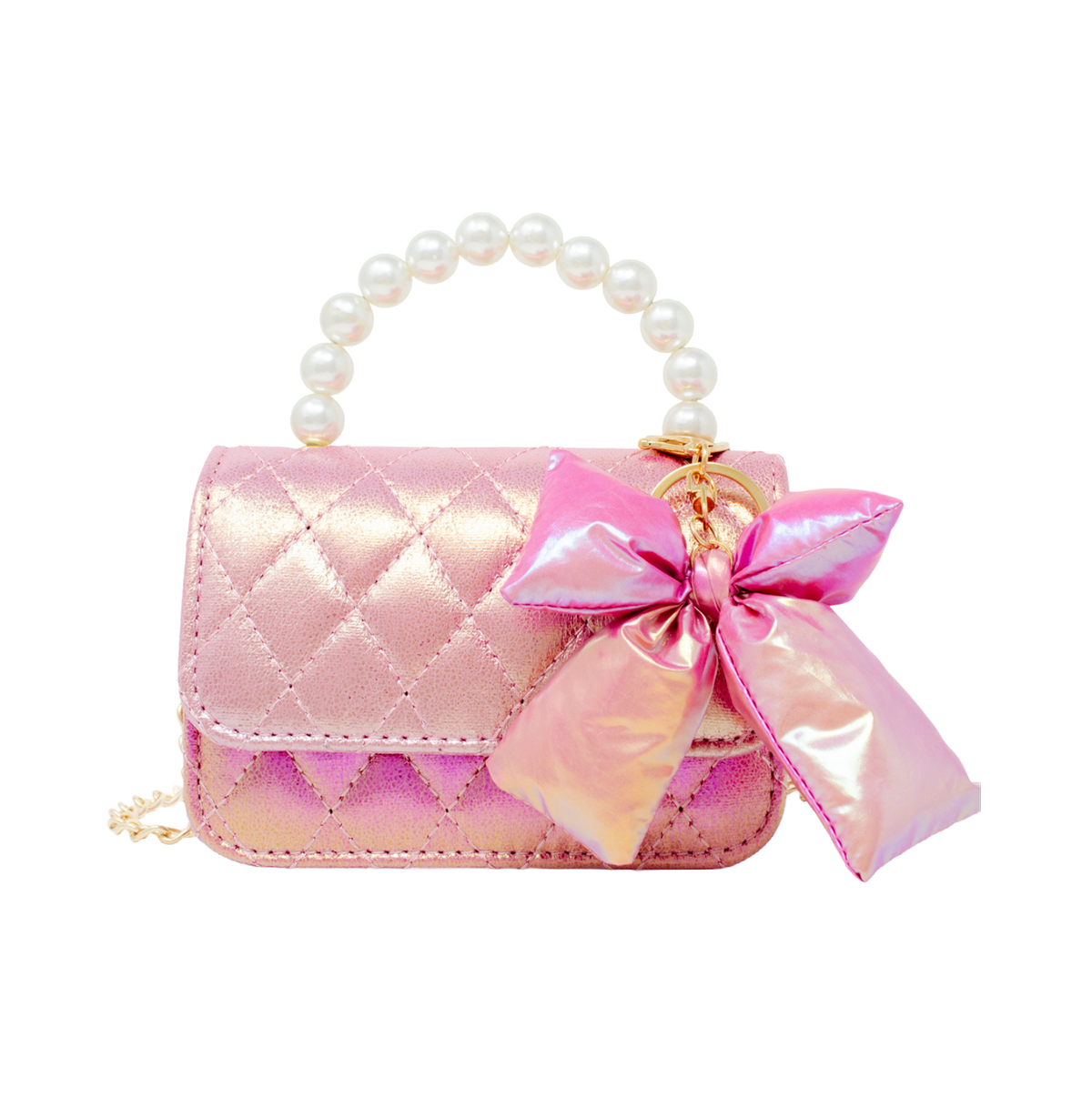 Shiny Quilted Fluffy Bow Handbag - Hot Pink