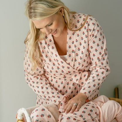 Womens Organic Robe - Pink Tiny Flower Block Print