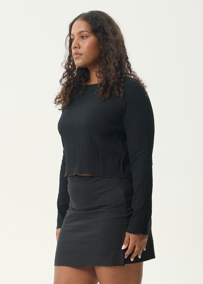 AFENDS Womens Focus - Seersucker Long Sleeve Top - Black