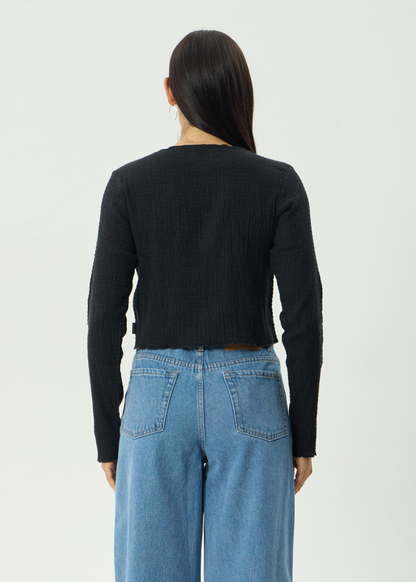 AFENDS Womens Focus - Seersucker Long Sleeve Top - Black