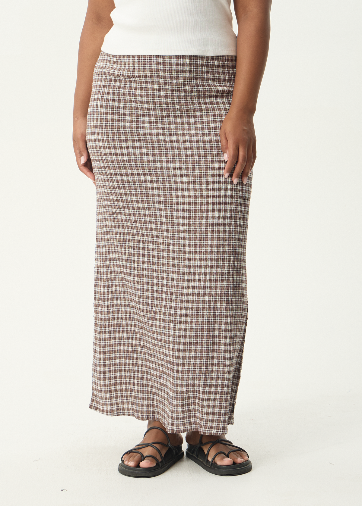 AFENDS Womens Lita - Seersucker Maxi Skirt - Base Coffee Check