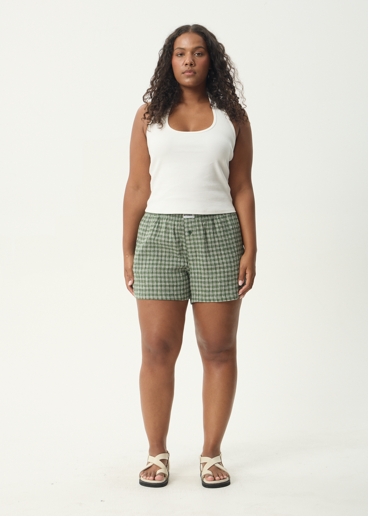 AFENDS Womens Base - Seersucker Boxer Short - Deep Green Check